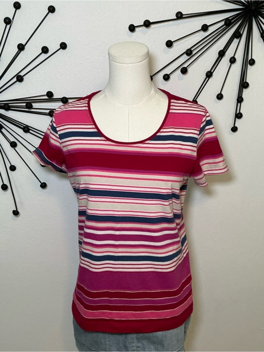 Crazy Horse Liz Claiborne Striped Scoop Neck Tee Pink Blue Medium Top
